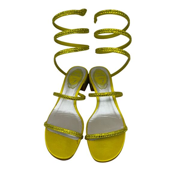 René Caovilla Silk Satin Rhinestone-Embellished Cloe Sandals Yellow Size 34 - Picture 1 of 7